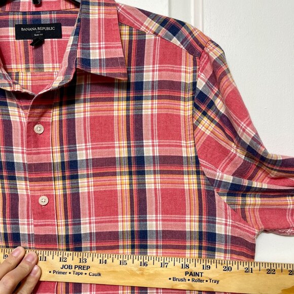 Banana Republic Slim Fit Red Plaid Long-Sleeve Button-Up Shirt‎ 100% Cotton Size - Picture 9 of 10